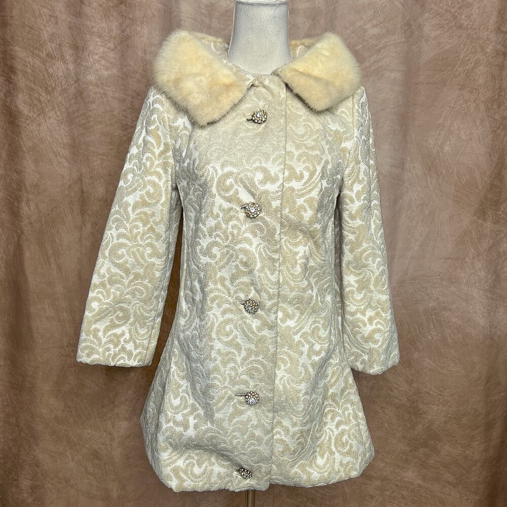 Vintage 60s Lilli Ann Tapestry Brocade Mink Fur Collar Coat Mid Century Holiday